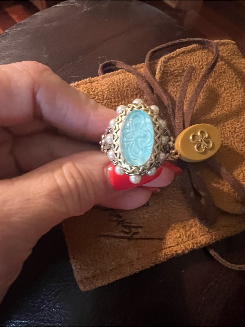 BARBARA BIXBY Carved Turquoise Doublet White Pearl Gemstone Ring Size 8 NWT